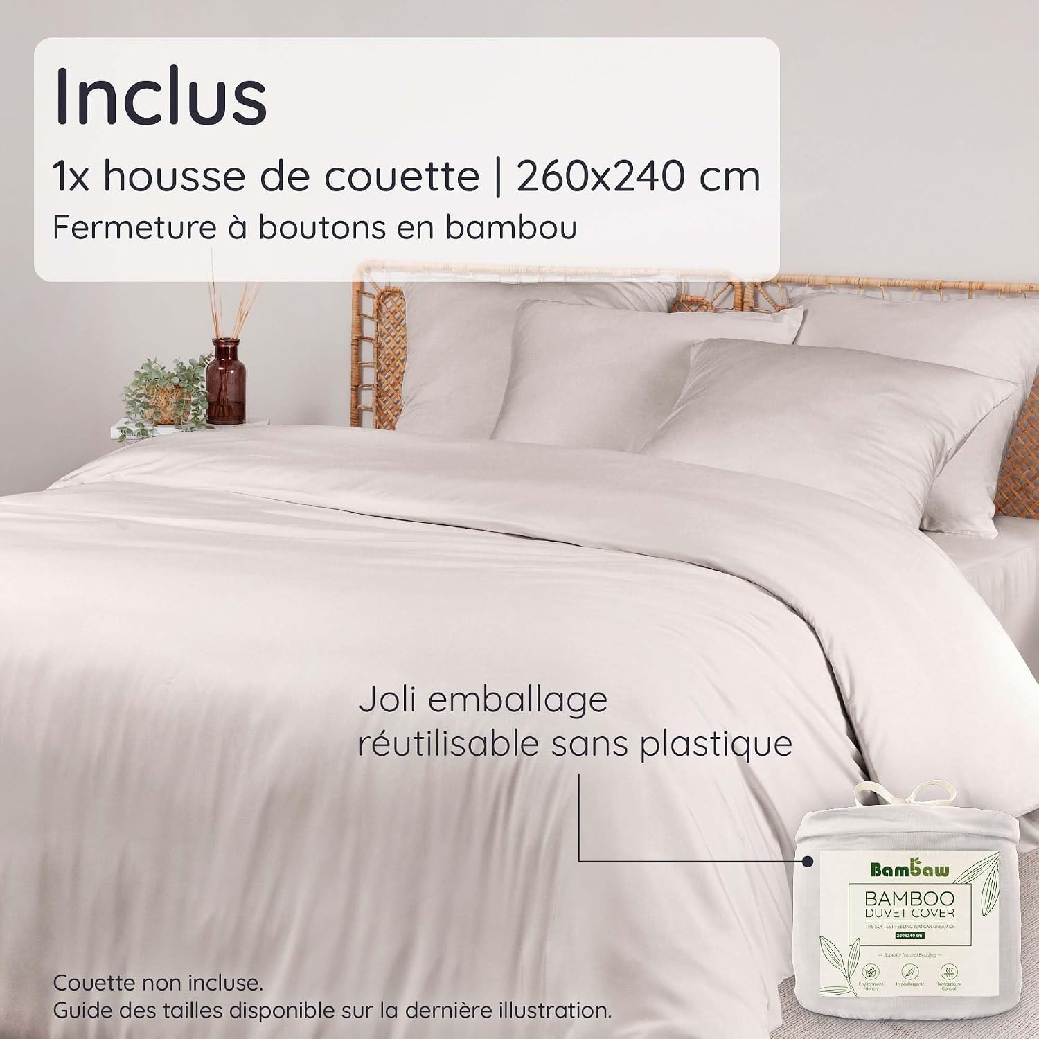 Detalle 2 de Bambaw Housse de Couette 260x240 Bambou – Anti-acarien, hypoallergénique et respirante
