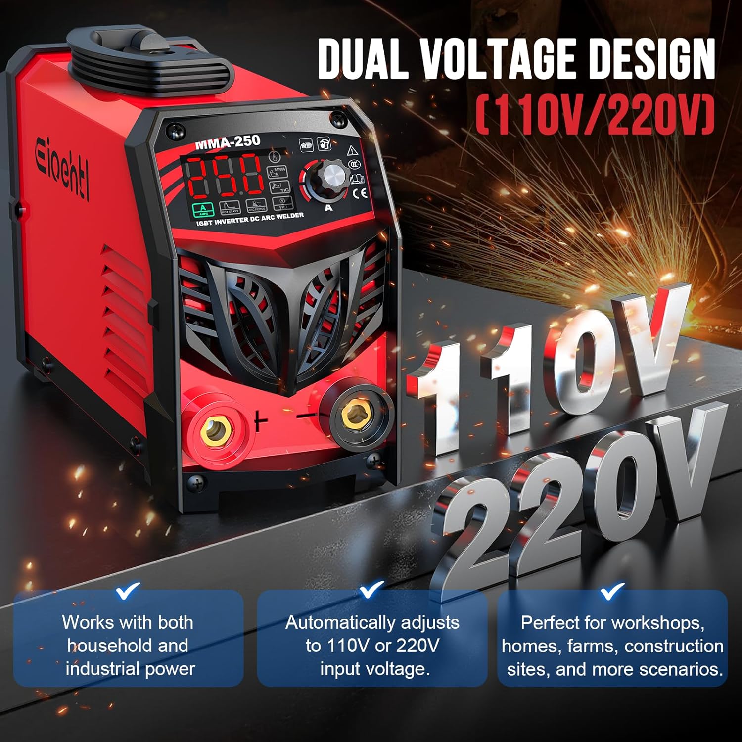 Thumbnail 2 de Eioehtl 250Amp Dual Voltage Stick Welder (110V/220V) with LED ARC Display, IGBT Inverter Kit