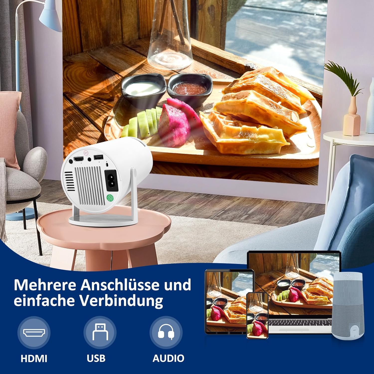 Detalle 2 de Mini Beamer 4K mit Android 11 – tragbarer Projektor für Handy, PC & TV Stick