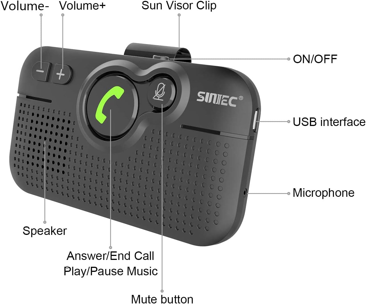 Thumbnail 6 de SUNITEC Hands Free Car Phone Kit Bluetooth (BC980P) with 3W Speaker, Siri Voice Assistant & Visor Clip