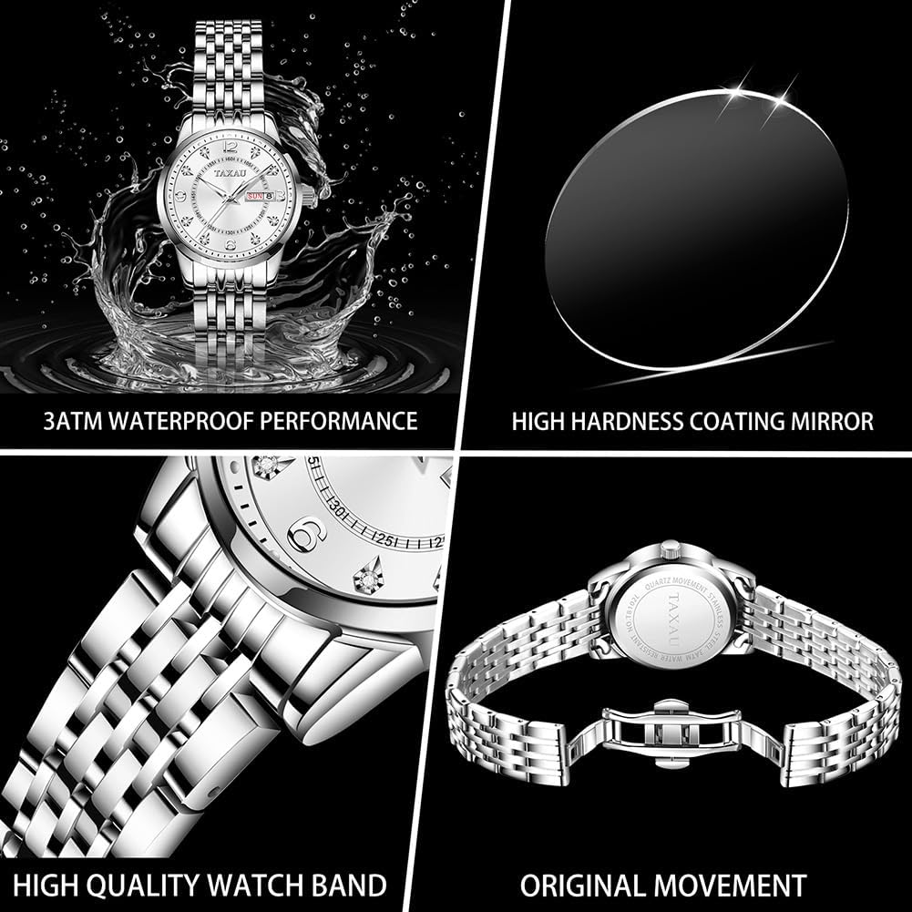Detalle de Taxau Damenuhr Armbanduhren Silber – klassische Quarz-Uhr mit Edelstahlband, Kalender und 3ATM Spritzwasserschutz