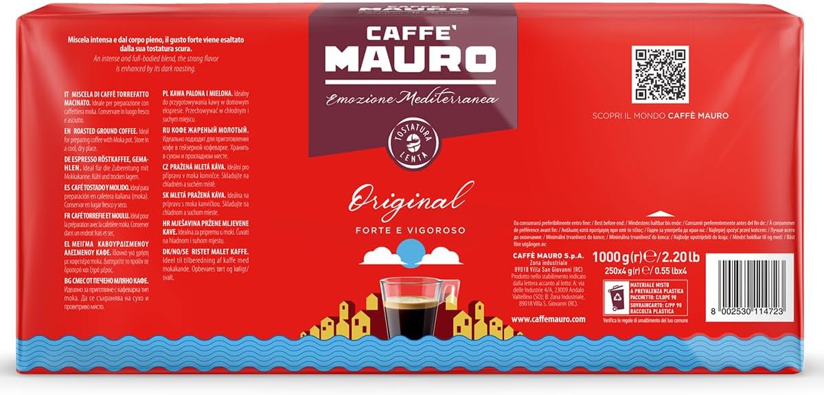 Detalle de Caffè Mauro Torrefazione Mélange Original – Café moulu pour cafetières à filtre, intensité 10/10, 1 kg (4 x 250 g)