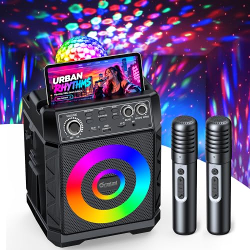 Detalle de Gralal Karaoke Machine with 2 Wireless Microphones, 20W Speaker & Disco Lights