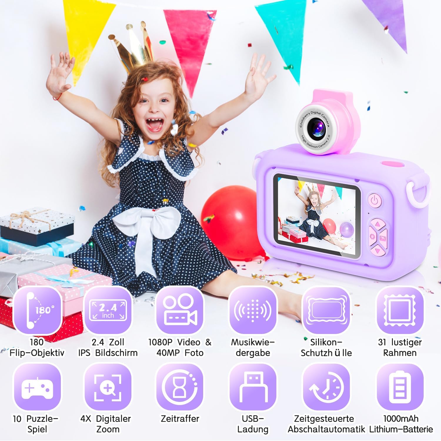 Thumbnail 1 de ARNSSIEN Kinderkamera X101 – 2,4" IPS-Bildschirm, 180° Klapp-Linse, 32 GB Speicher