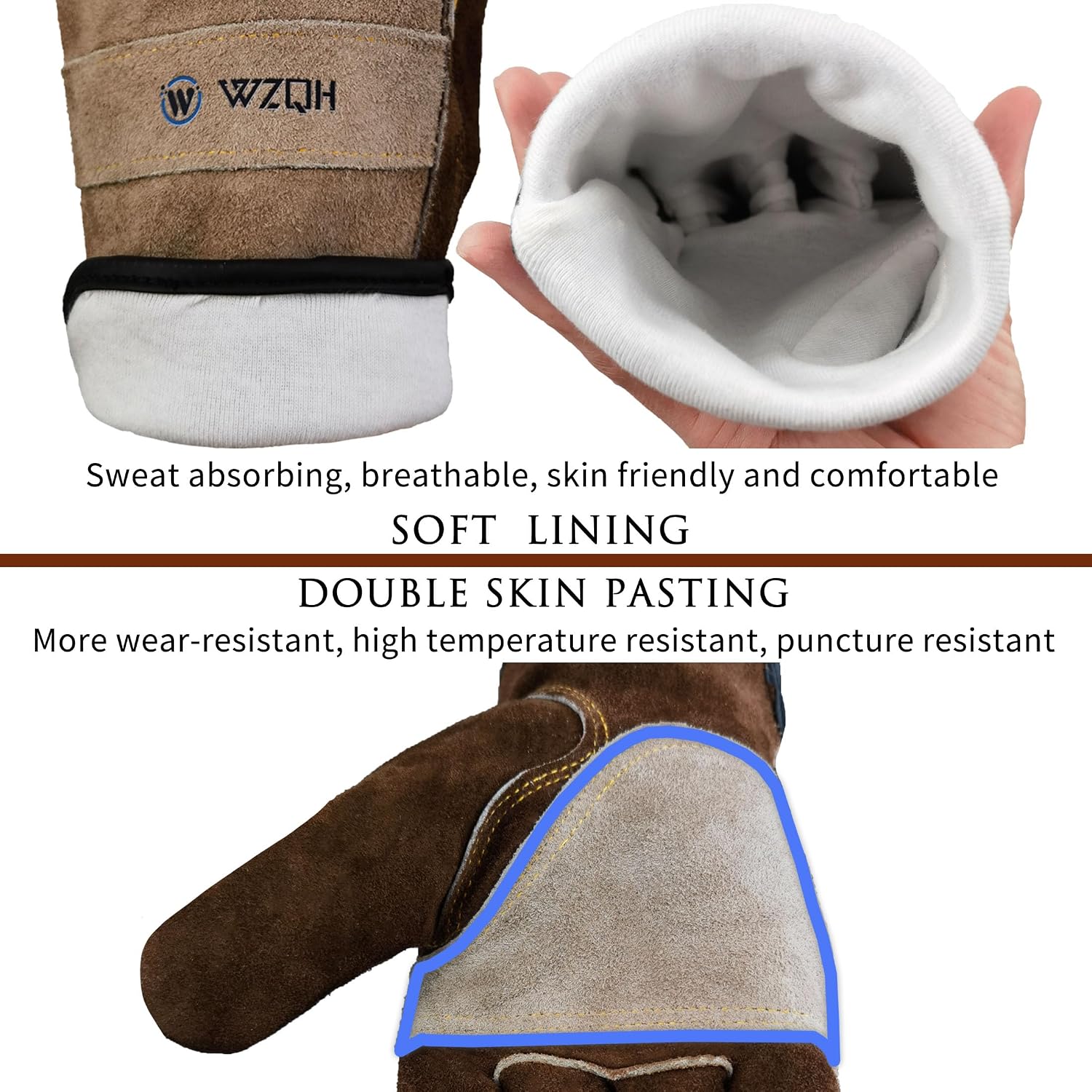 Detalle de WZQH Leather Work Gloves for Men or Women (Large) – Split Cowhide, Cotton Lined, for Gardening, TIG/MIG Welding & Construction