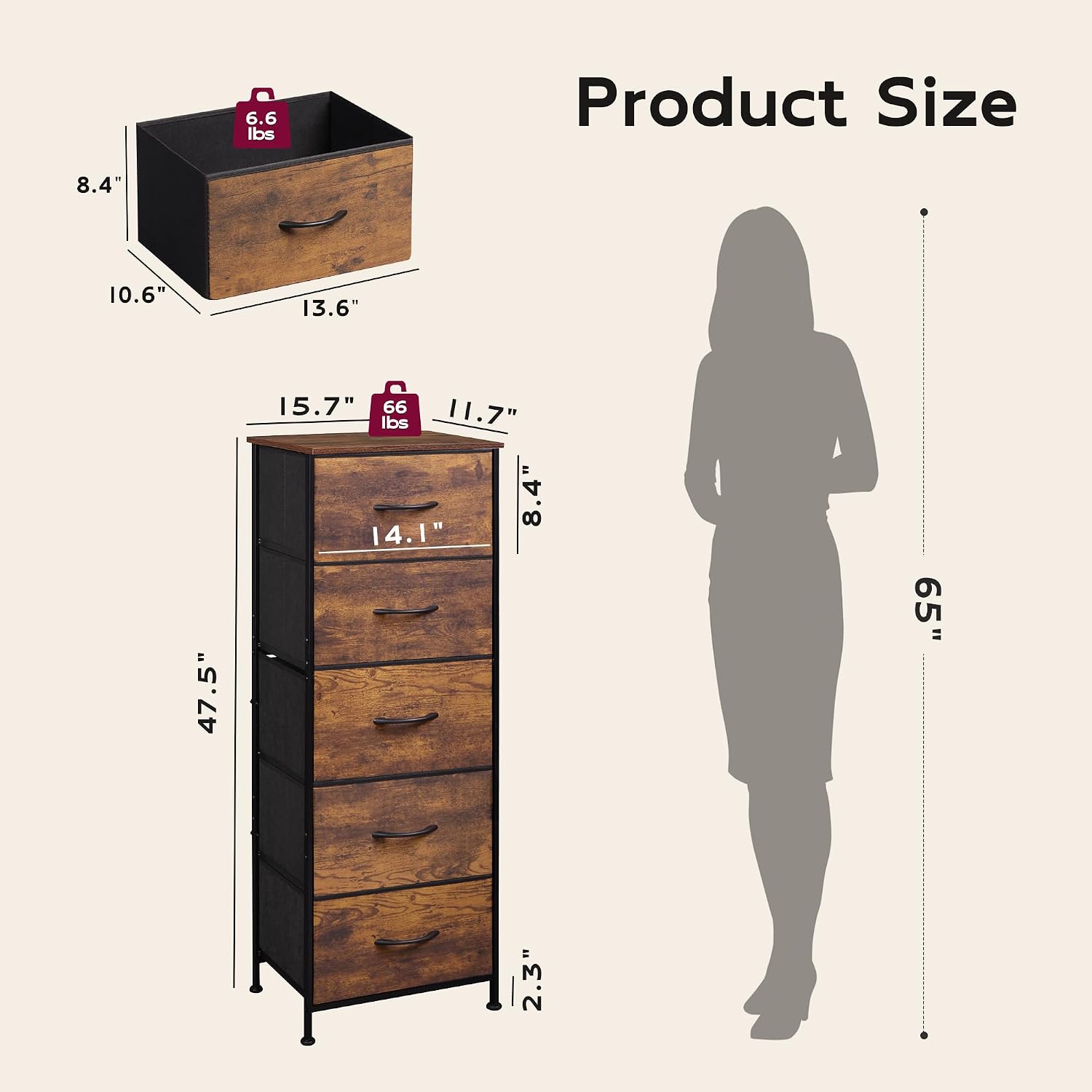 Detalle de WLIVE 5-Drawer Fabric Dresser 47.5"