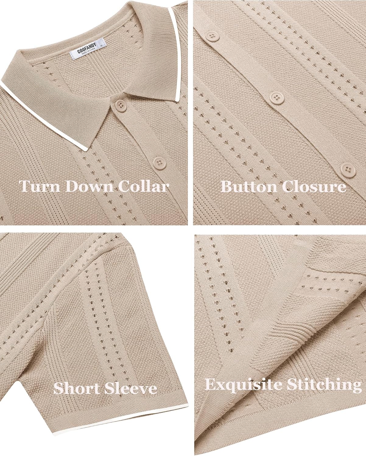Detalle 2 de COOFANDY Men's Knit Button-Down Shirt, Short Sleeve, Hollow-Knit Design