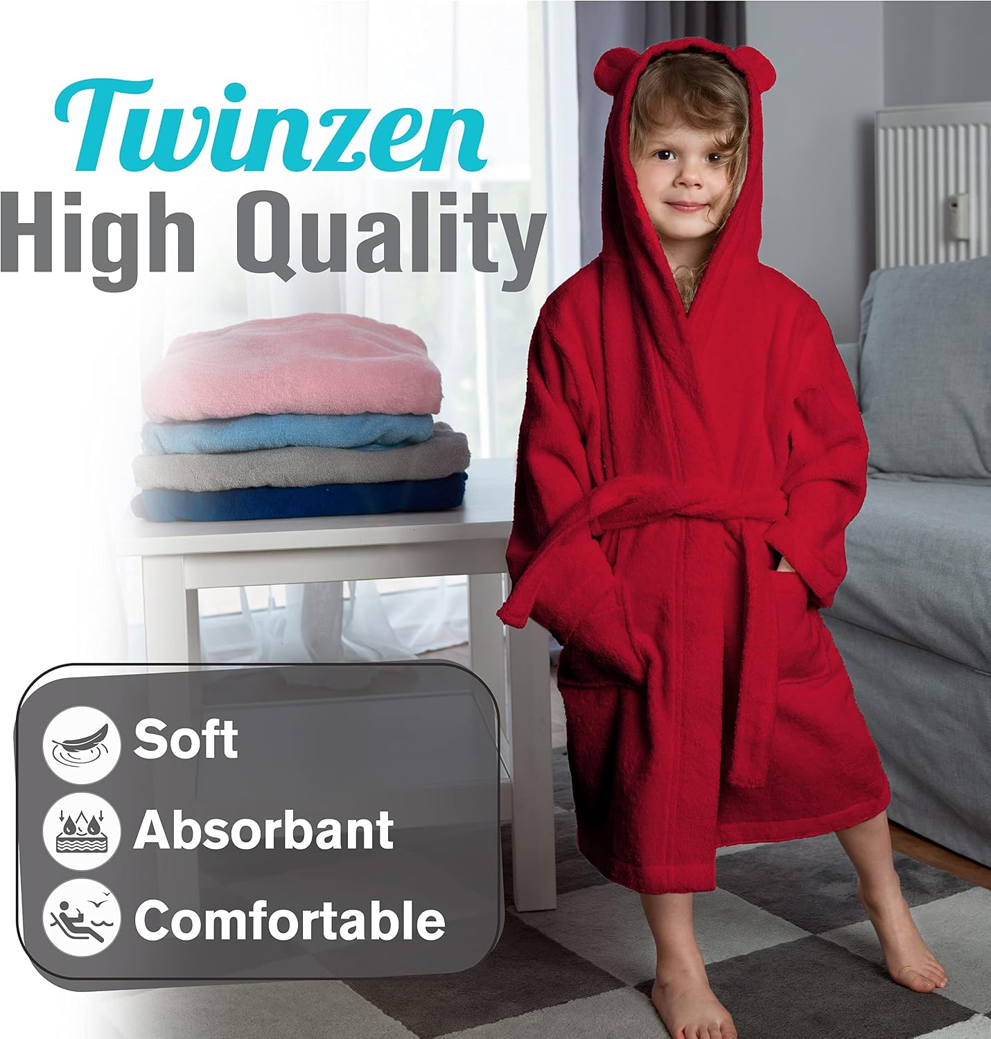 Detalle de Twinzen Kinderbademantel aus 100% Baumwolle mit Kapuze und Ohren (OEKO‑TEX®) – für Mädchen oder Jungen