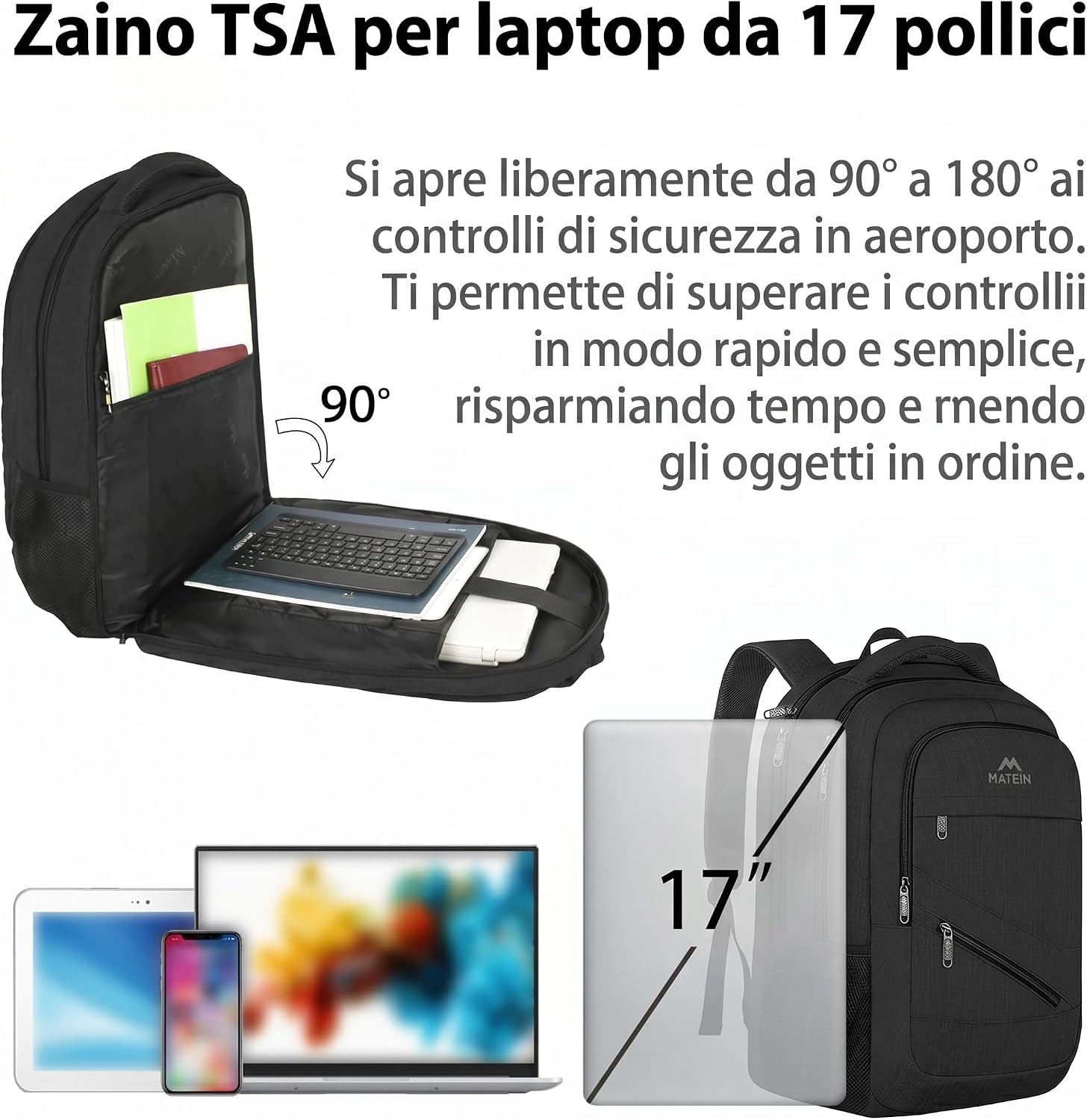Detalle de MATEIN Zaino Porta PC 17 Pollici – Zaino da Lavoro Antifurto, Impermeabile e TSA-Friendly