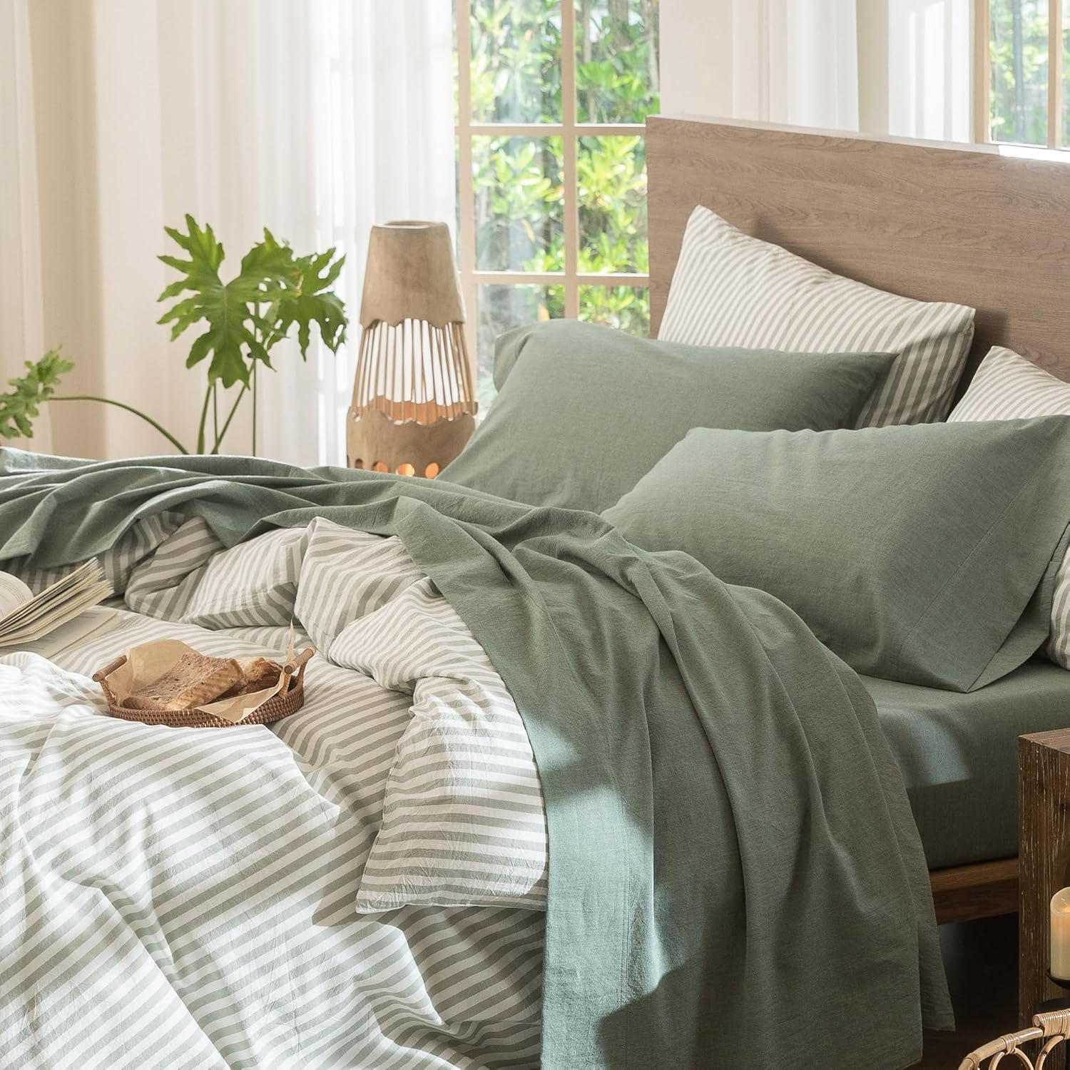 Detalle de MooMee Bedding Sheet Set (King) 100% Washed Cotton Linen-Like Texture in Heathered Green