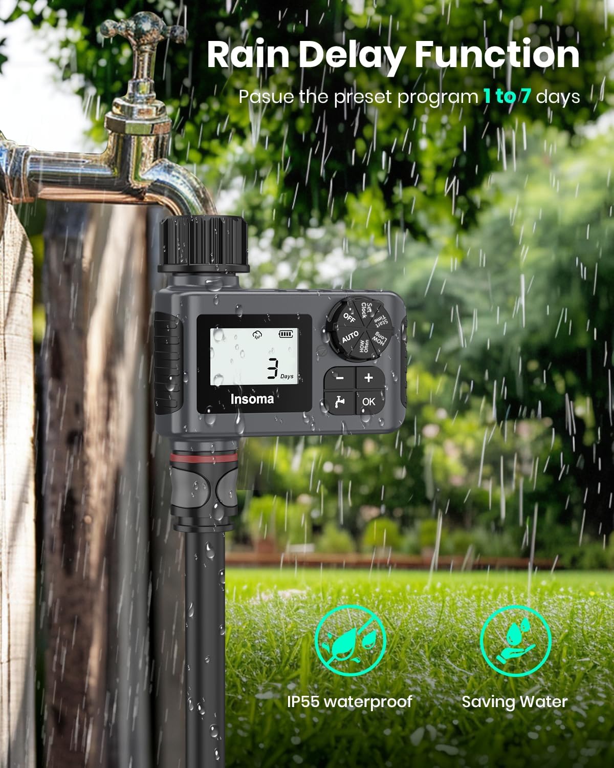 Detalle 1 de Insoma Outdoor Garden Hose Faucet Timer (Programmable) with Rain Delay, Manual & Automatic, 1 Outlet