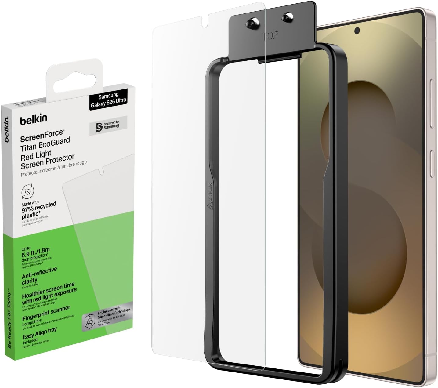 Detalle de Belkin ScreenForce Titan EcoGuard skärmskydd för Galaxy S26 Ultra med rött ljus