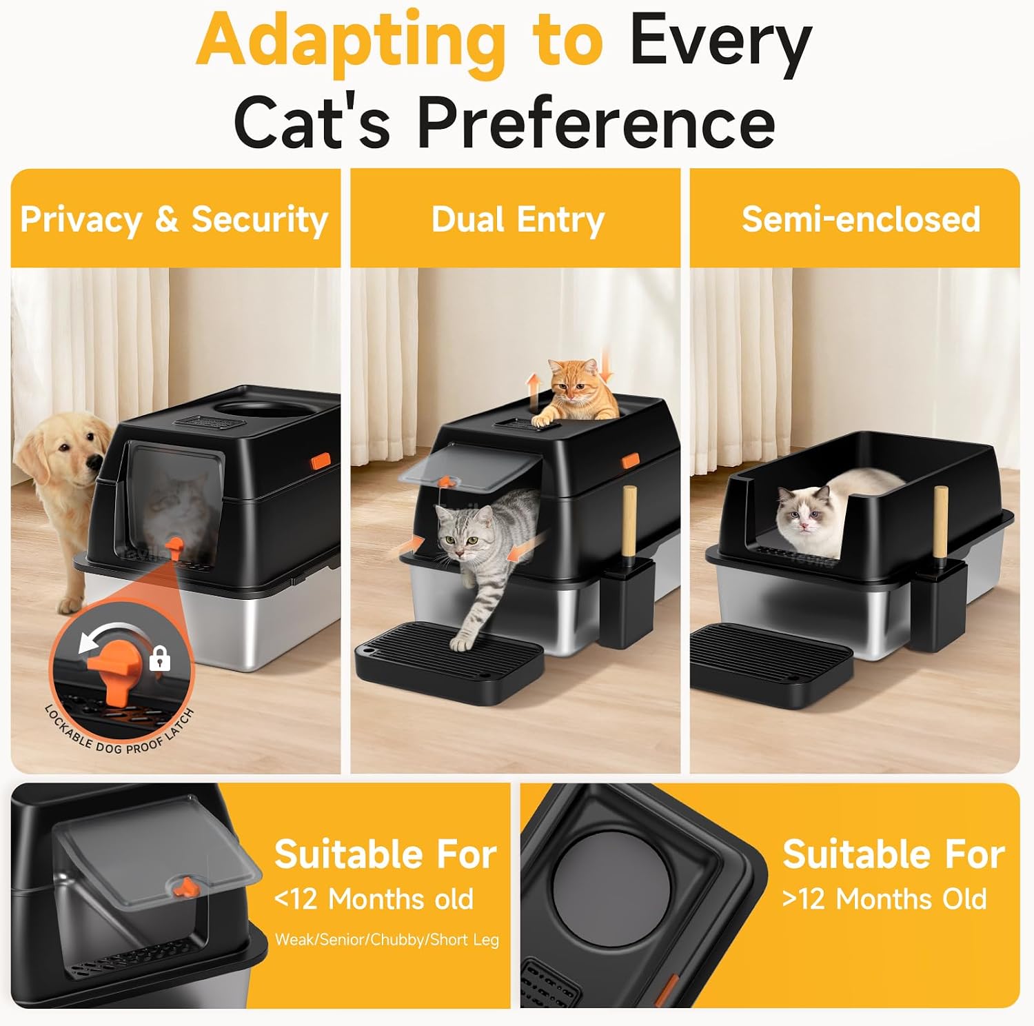 Detalle 2 de Tevila Black-1Pack XL Enclosed Stainless Steel Cat Litter Box with Scoop & Mat