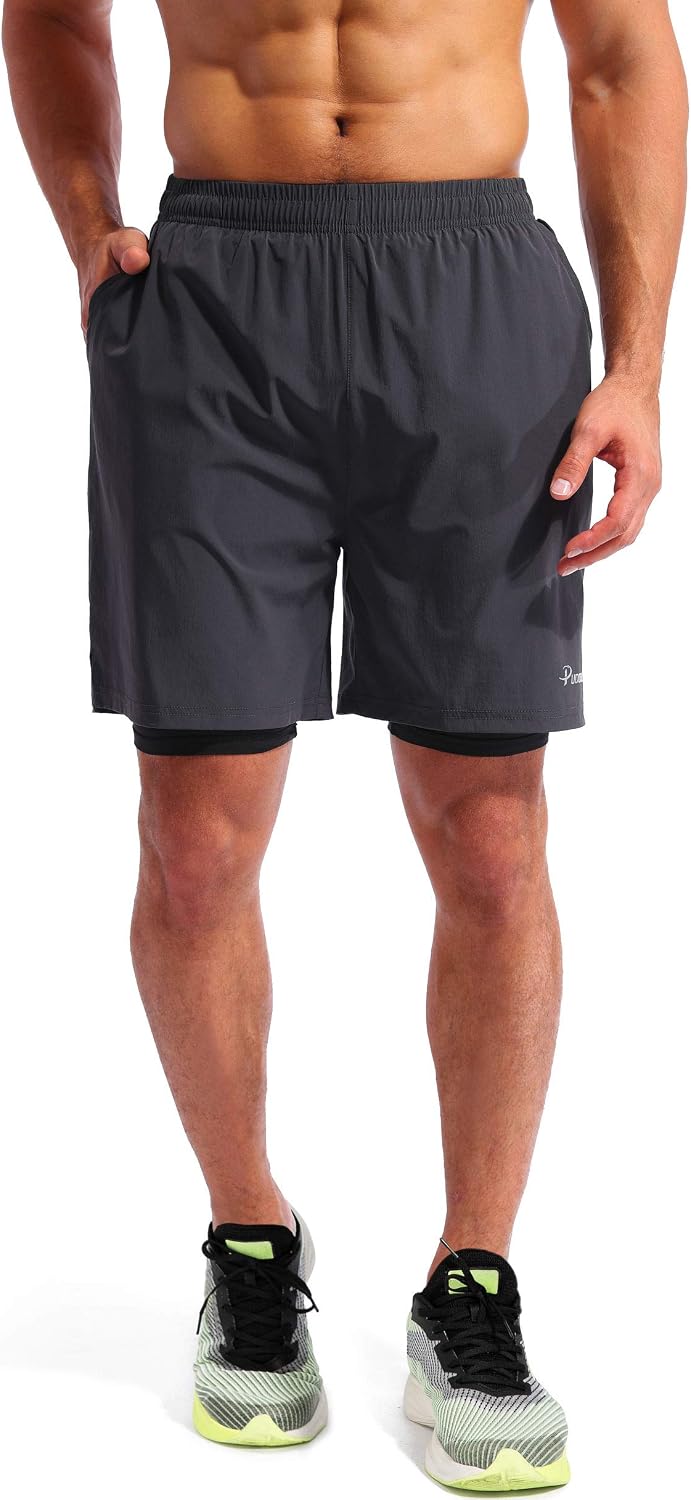 Detalle de Pudolla Men’s 2 in 1 Running Shorts 5" Quick Dry with Phone Pockets