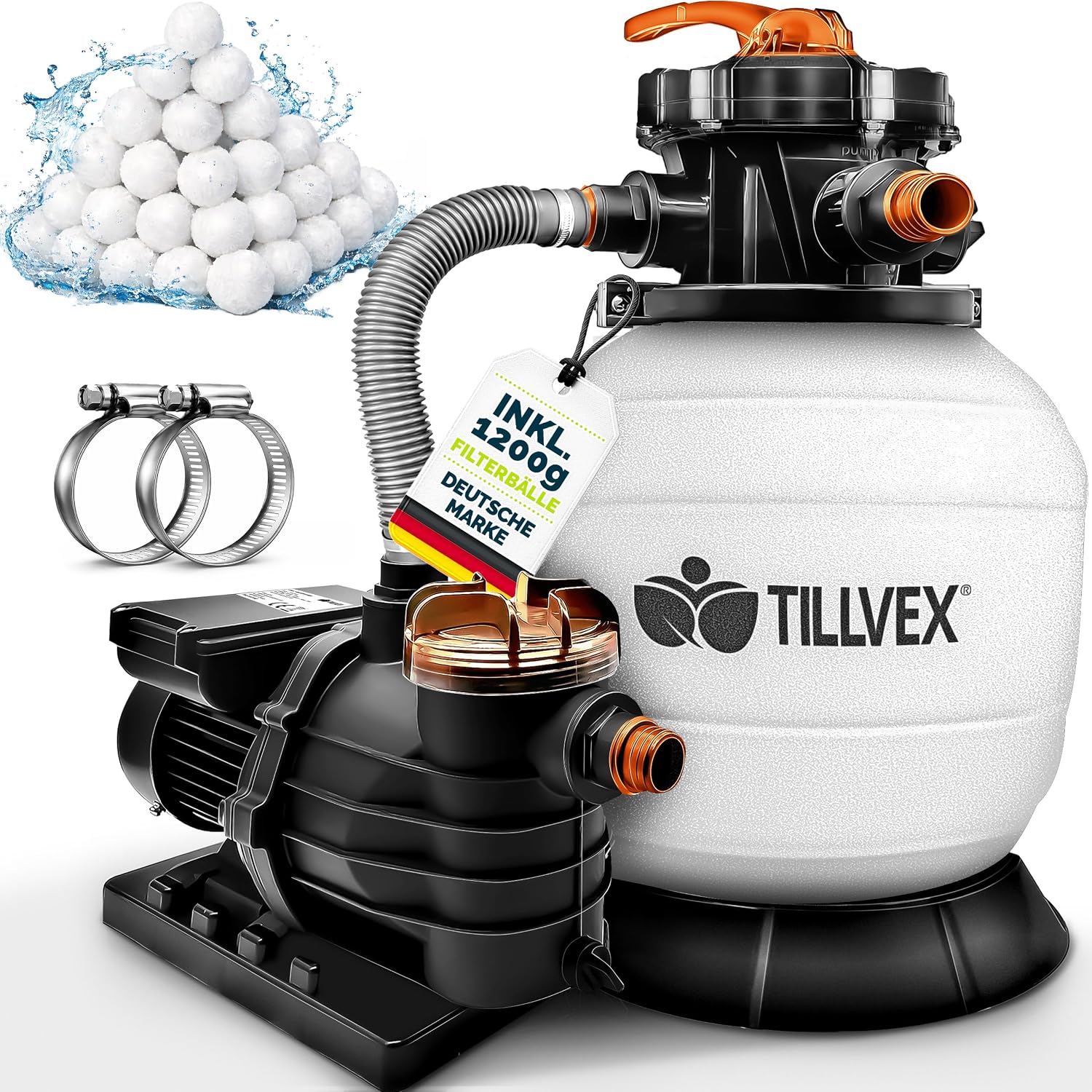 Detalle de tillvex® Sandfilteranlage für Pool bis 40.000 L – 13.200 L/h mit 7-Wege-Ventil, Ø32/38 mm & Filterbällen