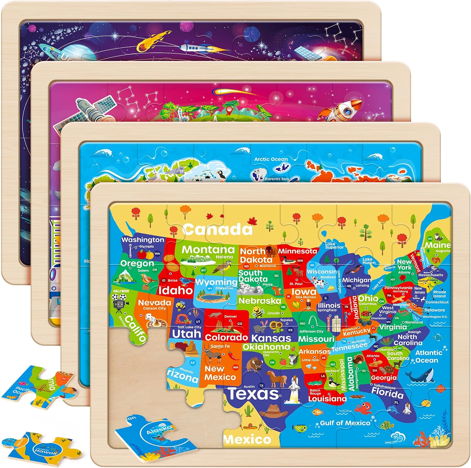 Detalle de SYNARRY Large US World Earth Solar System Wooden Puzzles for Kids (4-Pack, 24 Pieces Each)