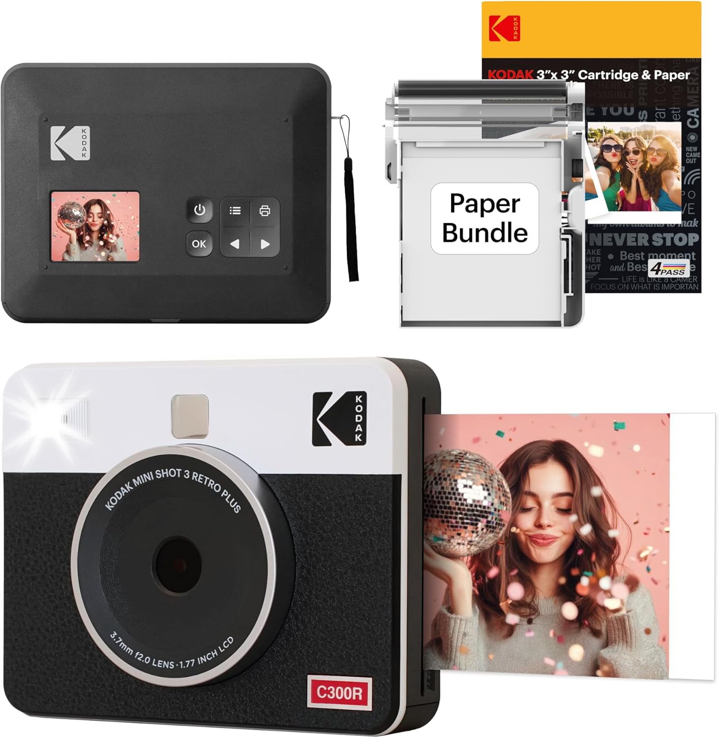 Detalle de KODAK Mini Shot 3 Retro: fotocamera istantanea con stampante fotografica 2-in-1 (bianca), 38 fogli, formato 7,6×7,6 cm
