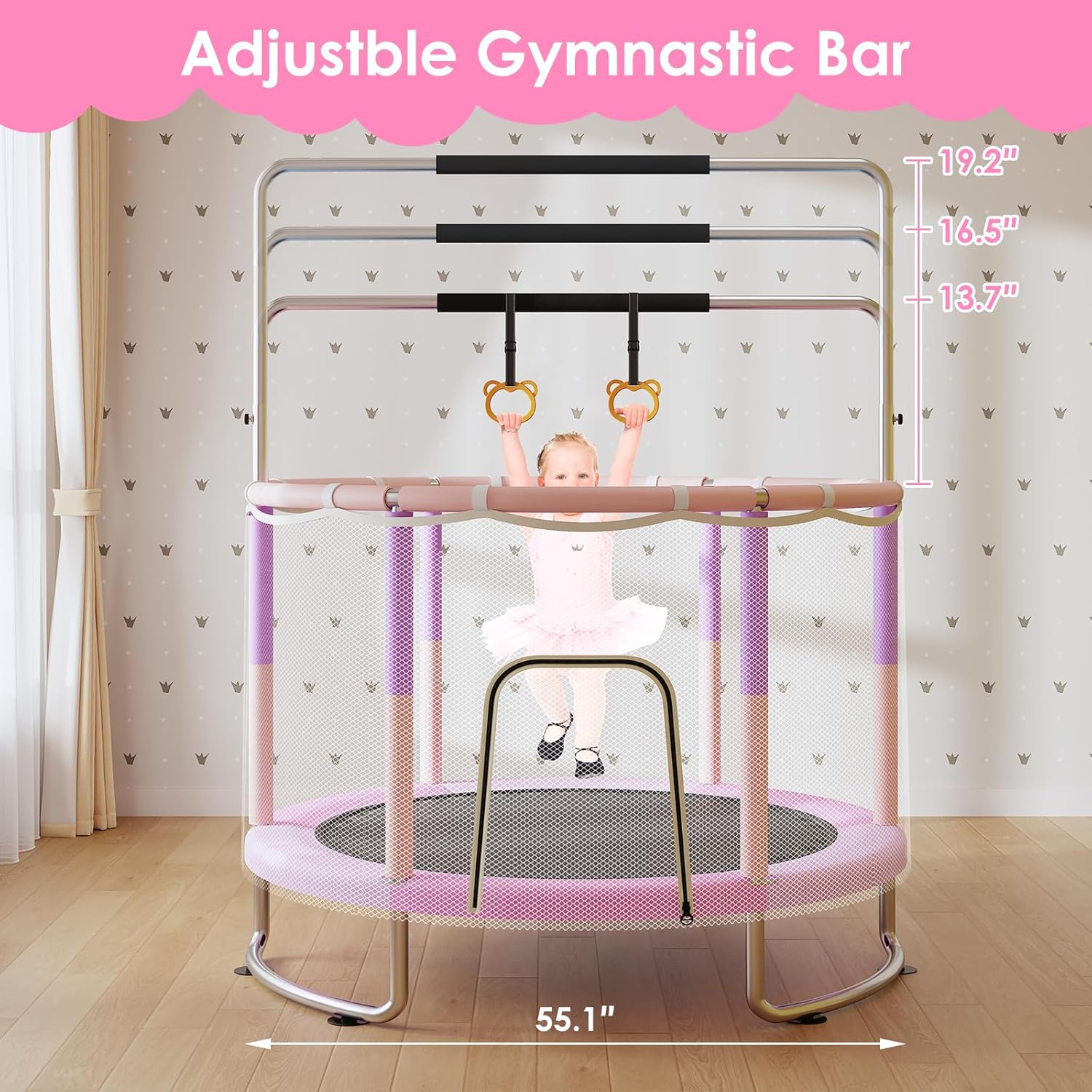 Detalle de Trampoline for Kids (Ages 1-8) 55" Toddler Trampoline with Net, 440 lbs Weight Limit, Adjustable Gymnastics Bar & Accessories