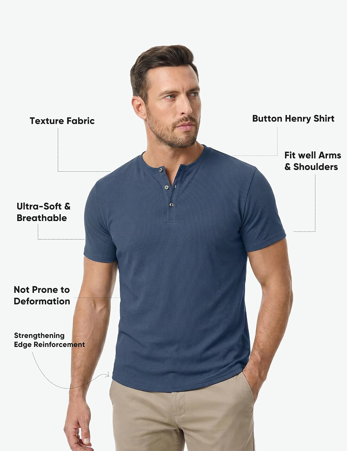 Detalle de JMIERR Men’s Muscle Slim Henley T-Shirt (Crewneck Longline) with Button Placket