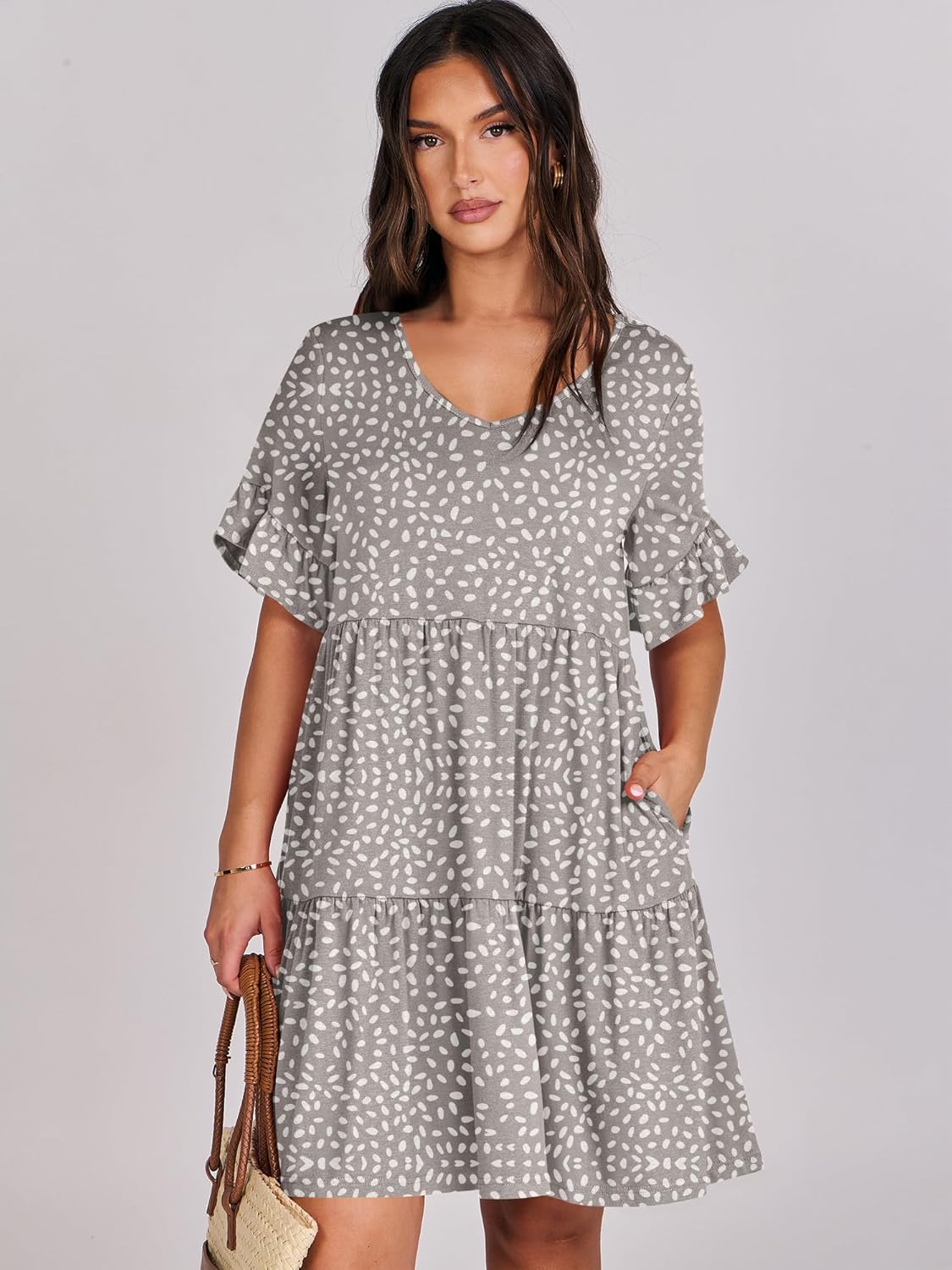 Thumbnail 2 de ANRABESS Women's Summer 2026 V-Neck Ruffle Sleeve A-Line Tiered Dress with Pockets