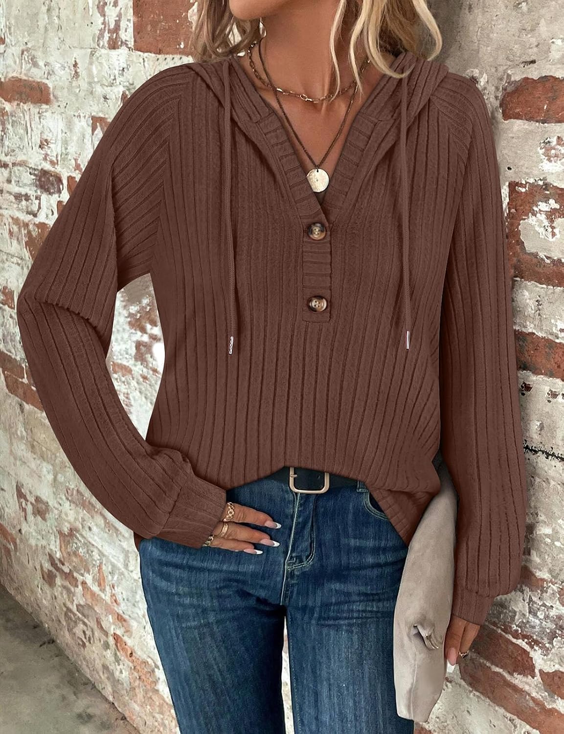 Thumbnail 3 de Syphiby women’s long sleeve hooded tunic jumper with drawstring, V-neck & button front