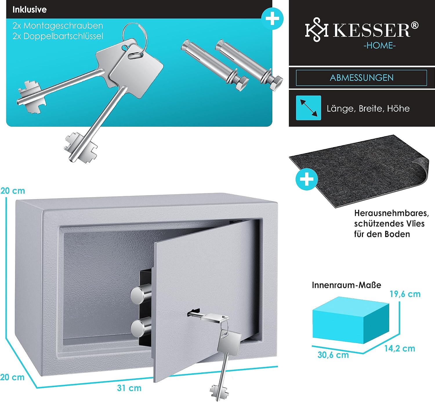 Thumbnail 5 de KESSER Tresor Möbeltresor mit Doppelbartschloss – Safe Geldschrank Boden-Wandtresor (Silber)
