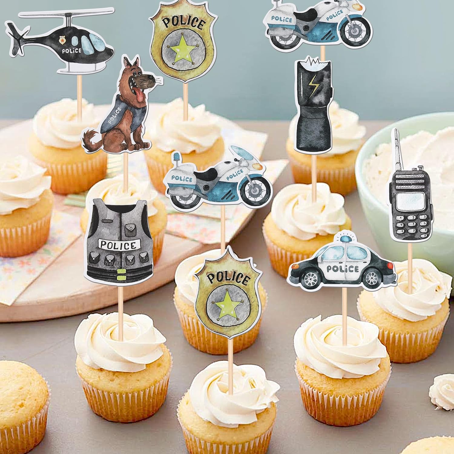 Detalle de Xsstarmi 40 Pack Police Cupcake Toppers – Police Car, Helicopter & K-9 Theme Decor