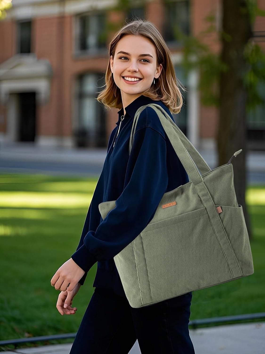 Thumbnail 1 de Lekespring Cord Tasche Damen – Große Tote Bag mit Reißverschluss, 15,6 Zoll Laptopfach, Grün