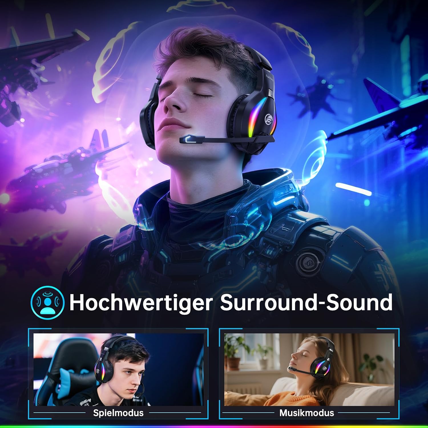 Detalle 2 de Fachixy Wireless Gaming Headset – 50 h Akku, 2,4 GHz/ Bluetooth, PS5/PS4/PC/Mac/Switch