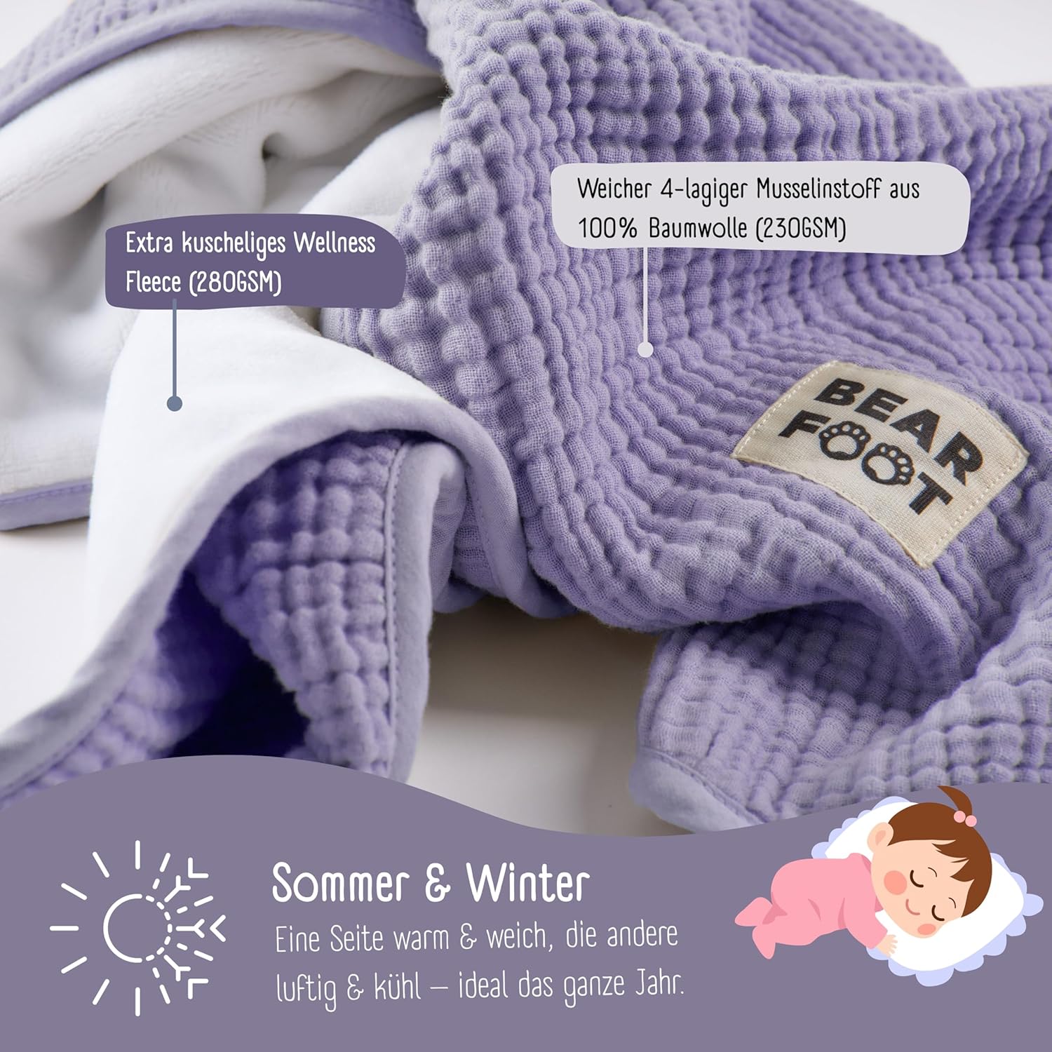 Thumbnail 2 de BEARFOOT Babydecke Musselin-Fleecedecke (Baumwolle & Fleece) in Lavendel – 2-seitig für Baby, Neugeborene und Kinder