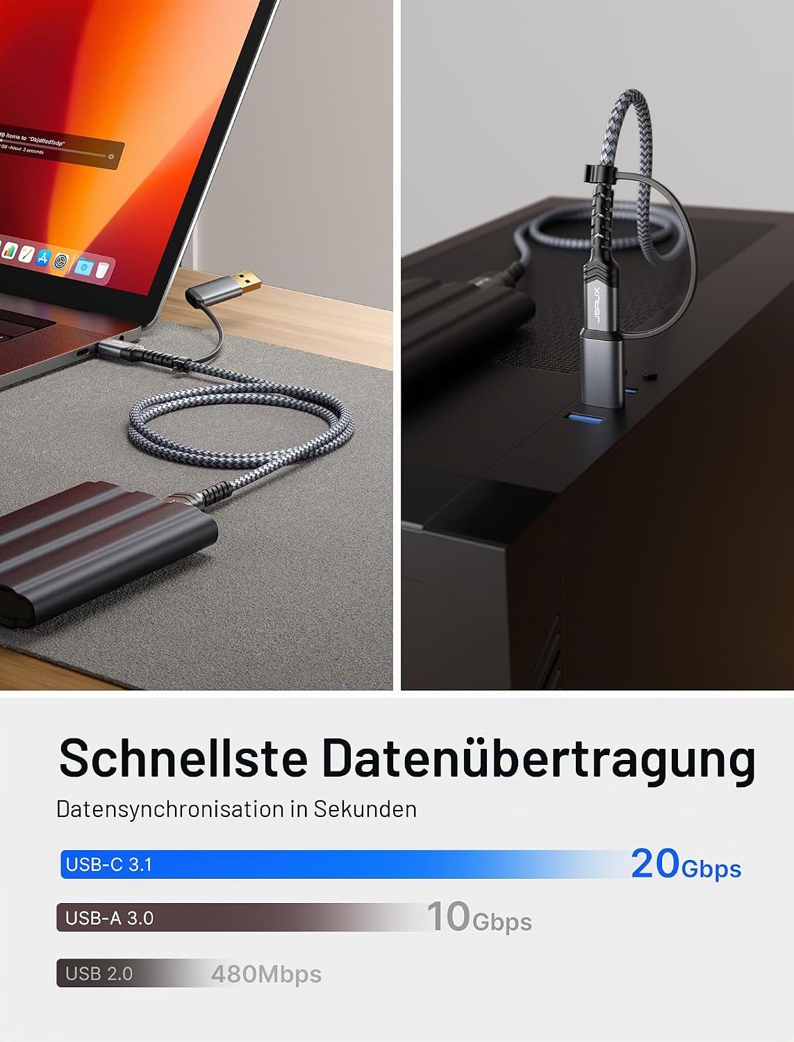 Detalle de JSAUX USB 3.0/C auf Micro B Kabel (0,5 m) mit USB-A Adapter – bis zu 20 Gbit/s