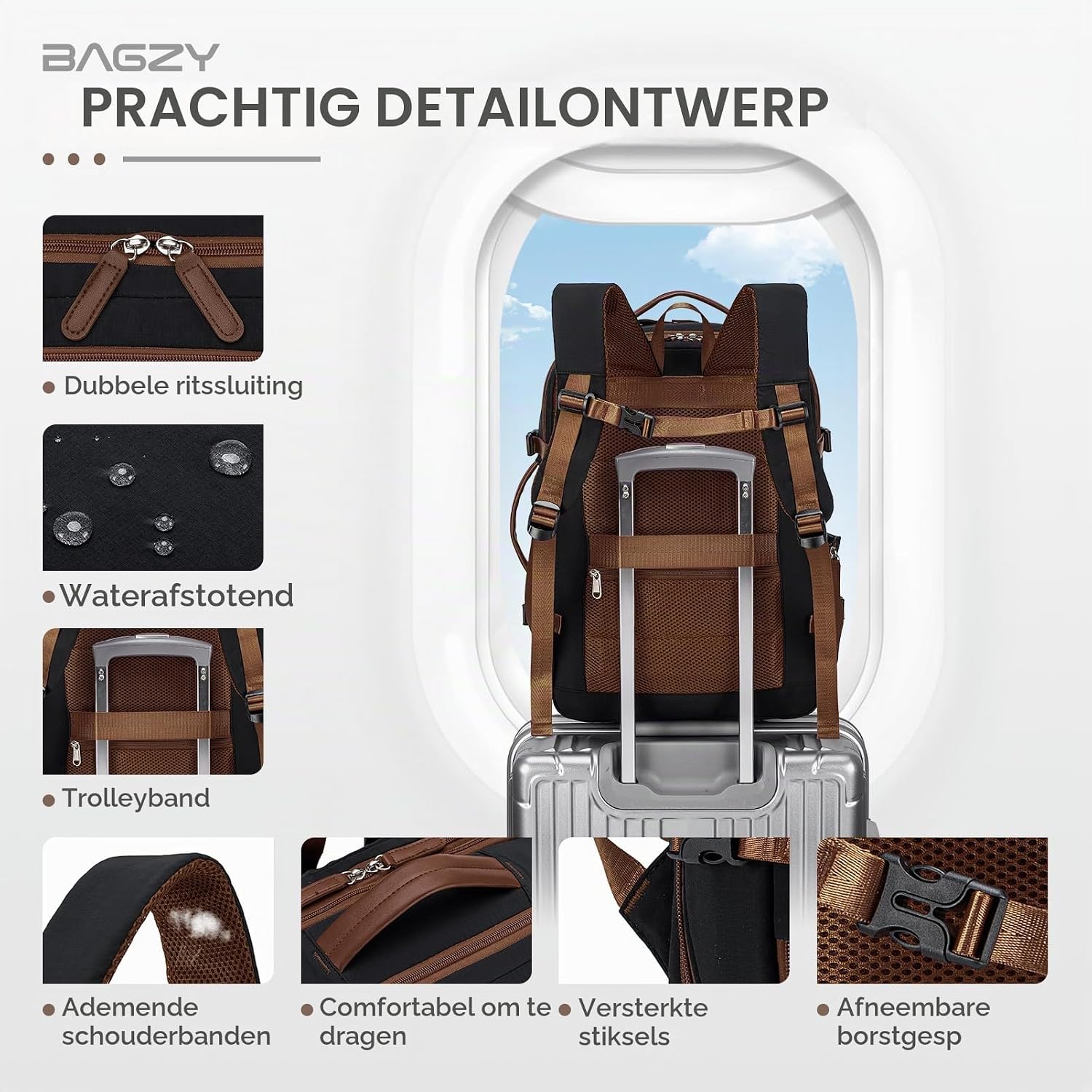 Detalle de BAGZY handbagage-rugzak, uitbreidbaar tot 25 liter, met 15,6-inch laptopvak