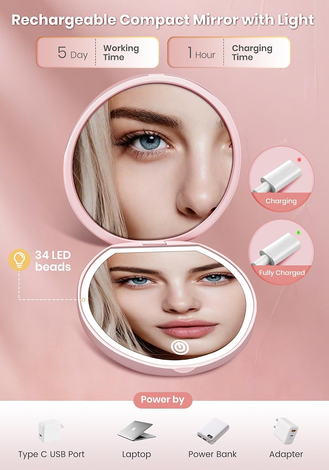 Detalle de SisKokoro 40X Rechargeable Compact Lighted Makeup Mirror, 3 Modes, Pink