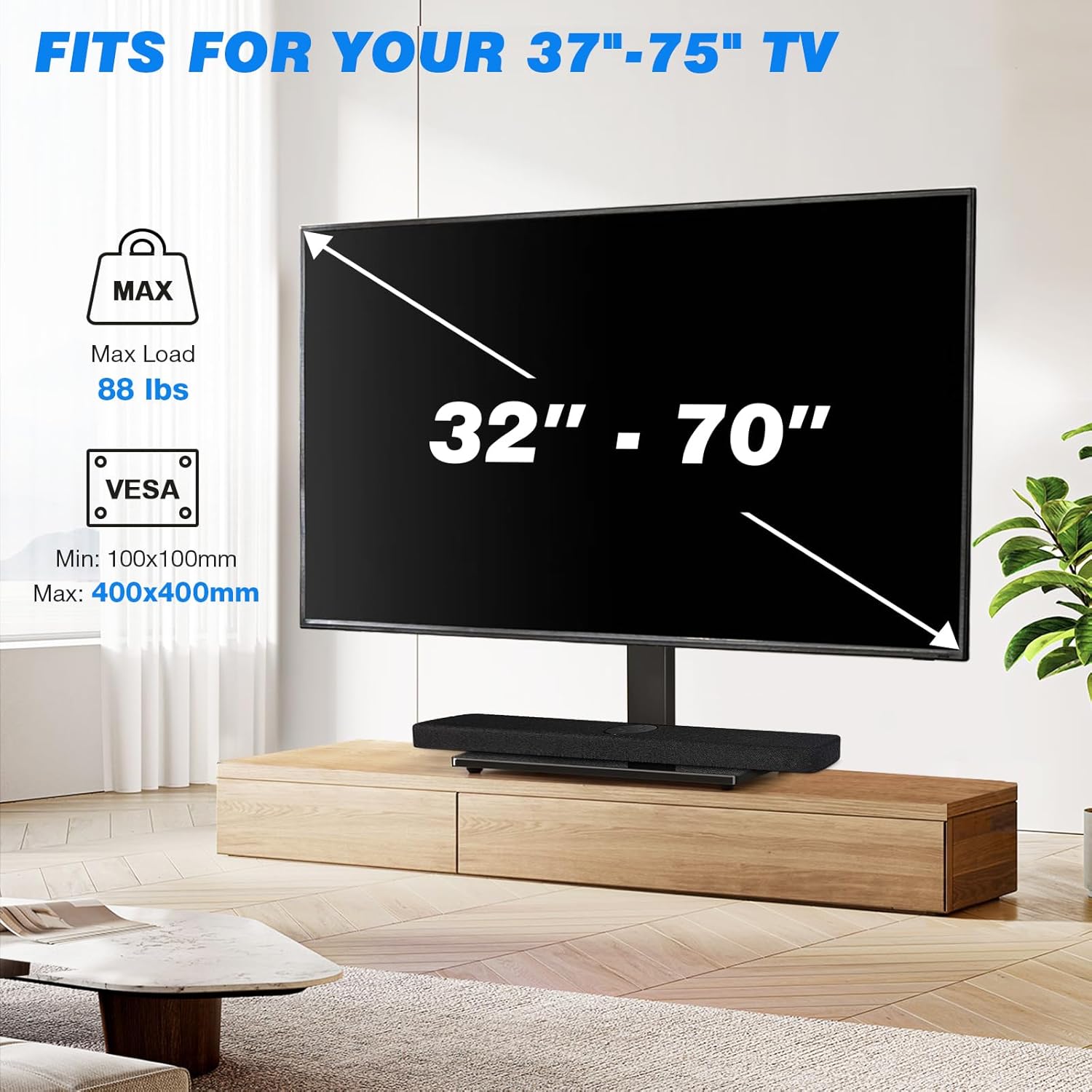 Thumbnail 4 de Support TV de bureau 5Rcom pour téléviseurs 32 à 70 pouces, VESA jusqu’à 400x400 mm, base en verre 8 mm