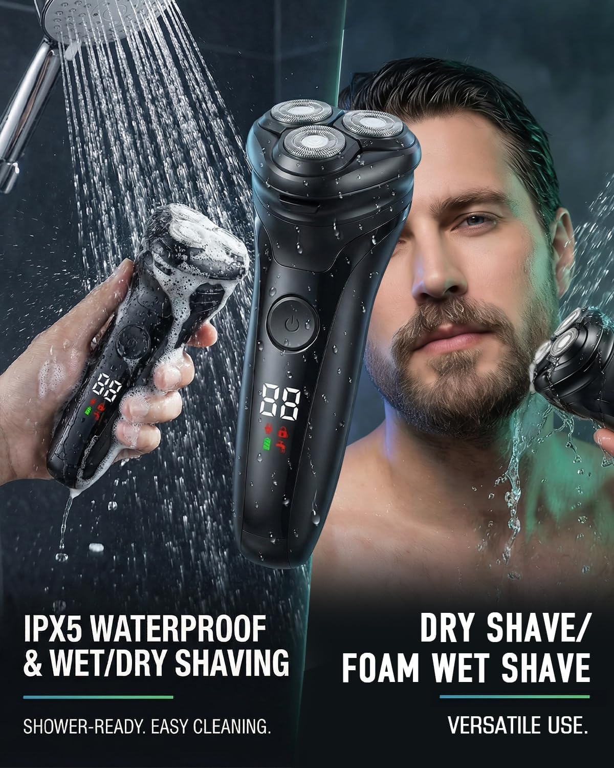 Detalle de Neialla Men's Electric Shavers: Cordless, 90-Min Run Time, IPX5 Wet & Dry & 3 Rotary Blades
