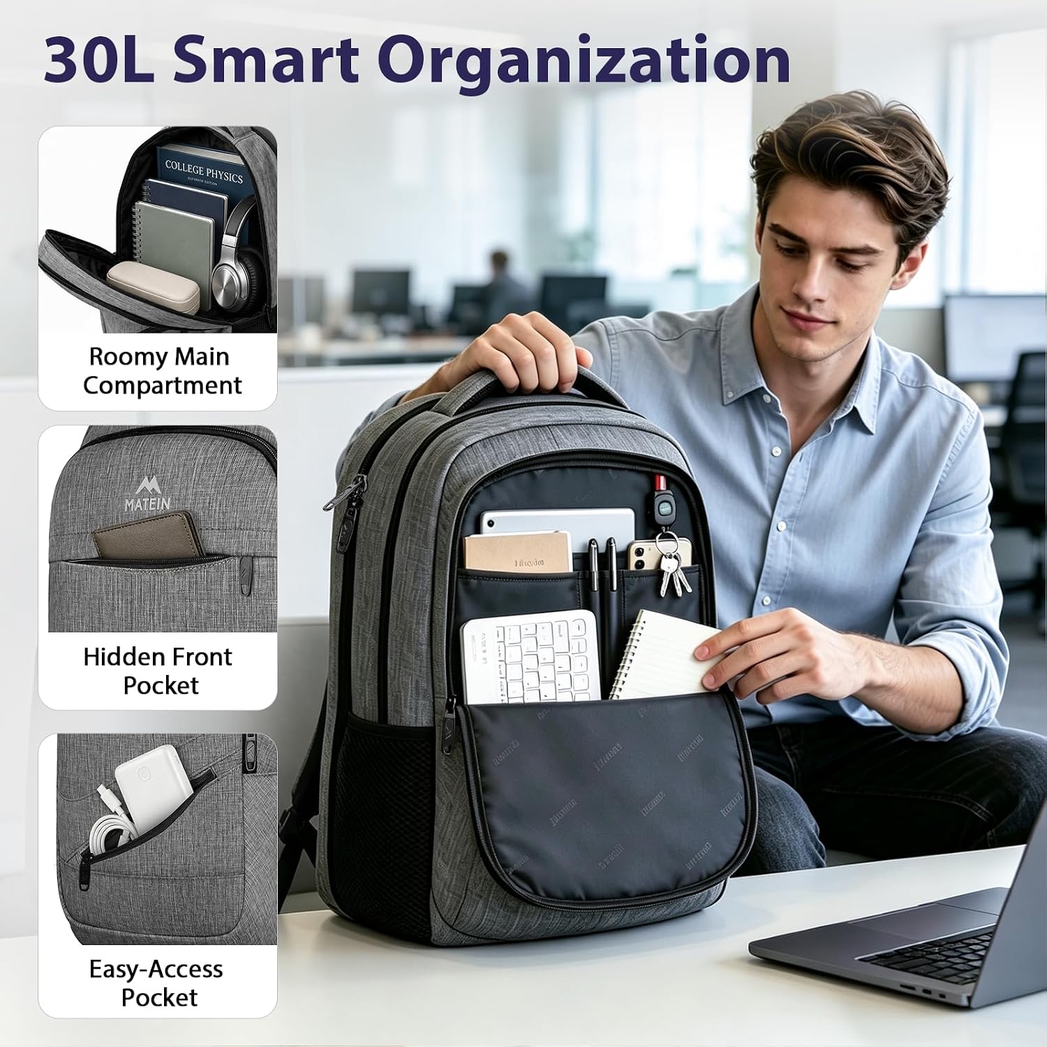 Detalle 2 de MATEIN 17 inch laptoprugzak, 50 liter, TSA-openklapvak en grijs polyester