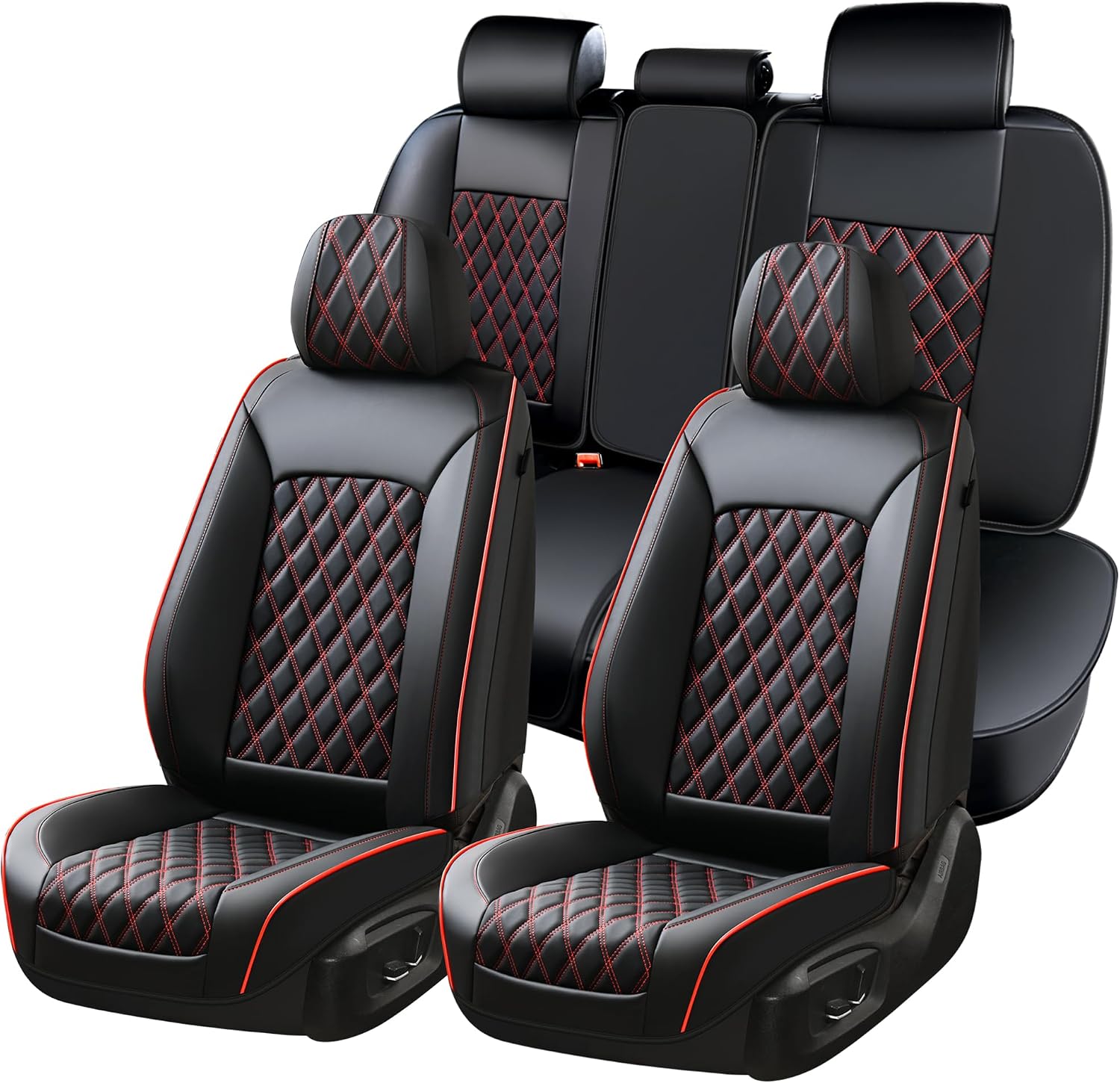 Detalle de Huidasource Nappa Leather Seat Covers (Full Set, Black & Red) — Velcro-Adjustable, Airbag-Compatible