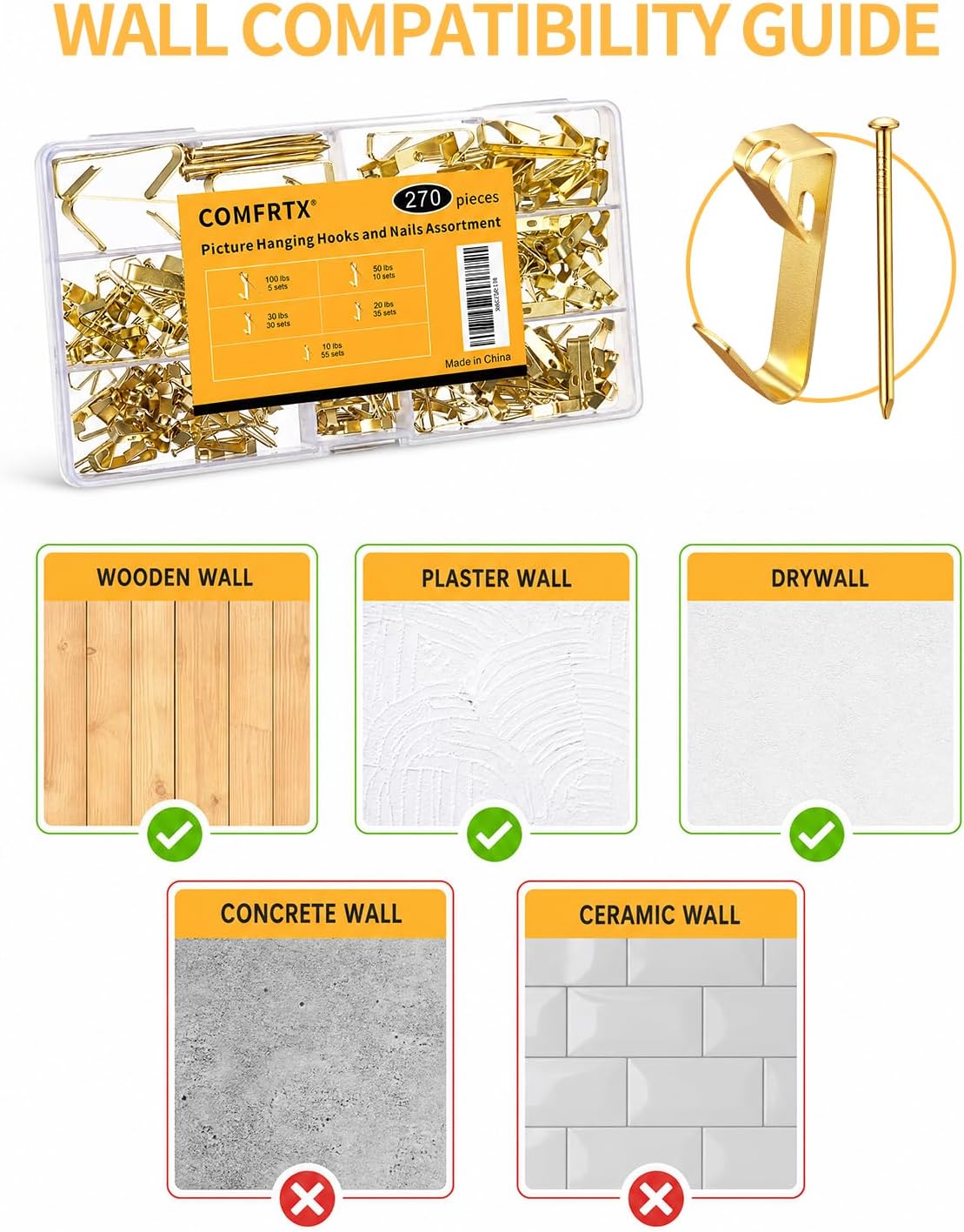 Detalle 2 de COMFRTX Picture Hanging Hooks 270-Piece Kit