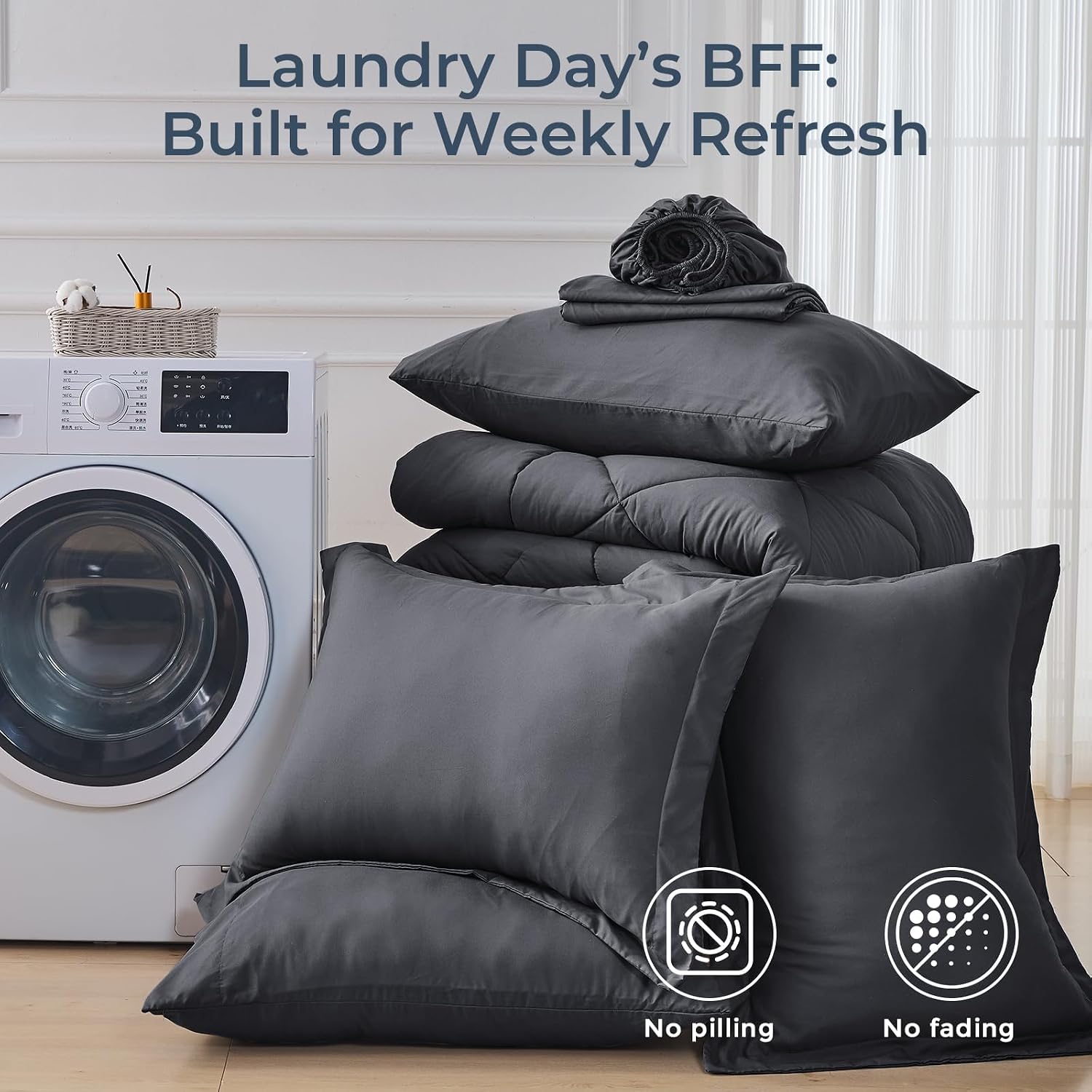Thumbnail 6 de HEVUMYI HBJT-DG-K King Comforter Set, 7-Piece Dark Gray Microfiber Bed-in-a-Bag