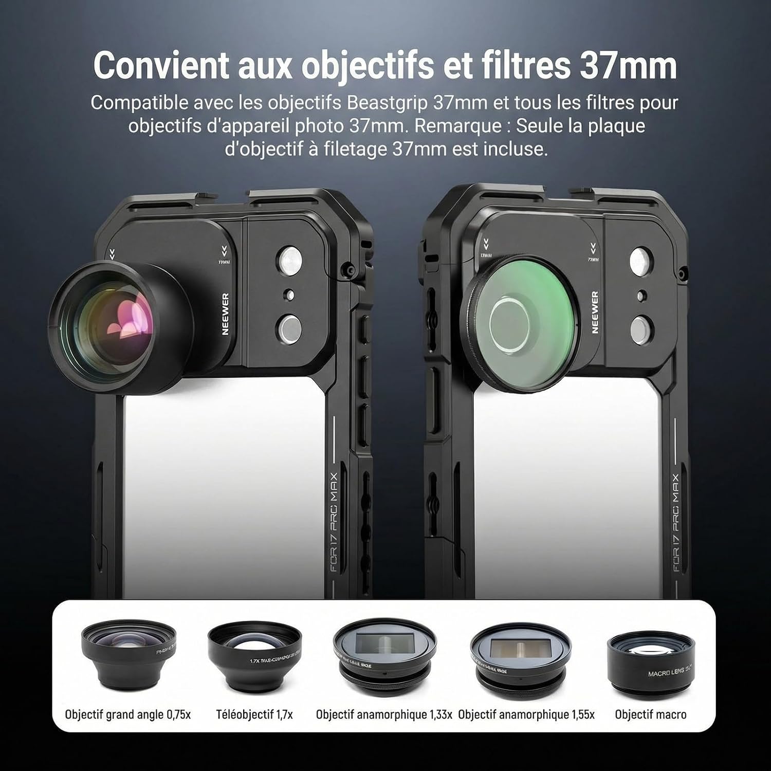 Detalle de NEEWER plaque arrière 37 mm pour cage téléphone PA143/PA144 (fixation rapide, compatible filtres 37 mm)