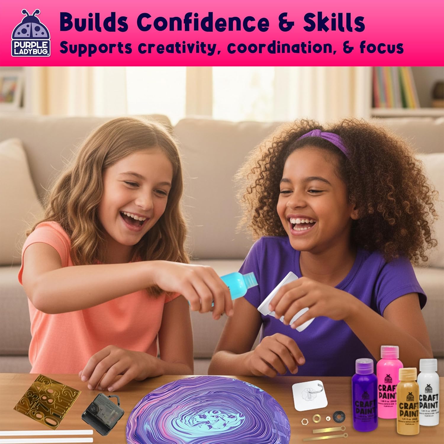 Thumbnail 4 de Cosmic Confetti Paint Pouring DIY Clock Kit for Kids (Ages 6-12) – Complete Craft Set