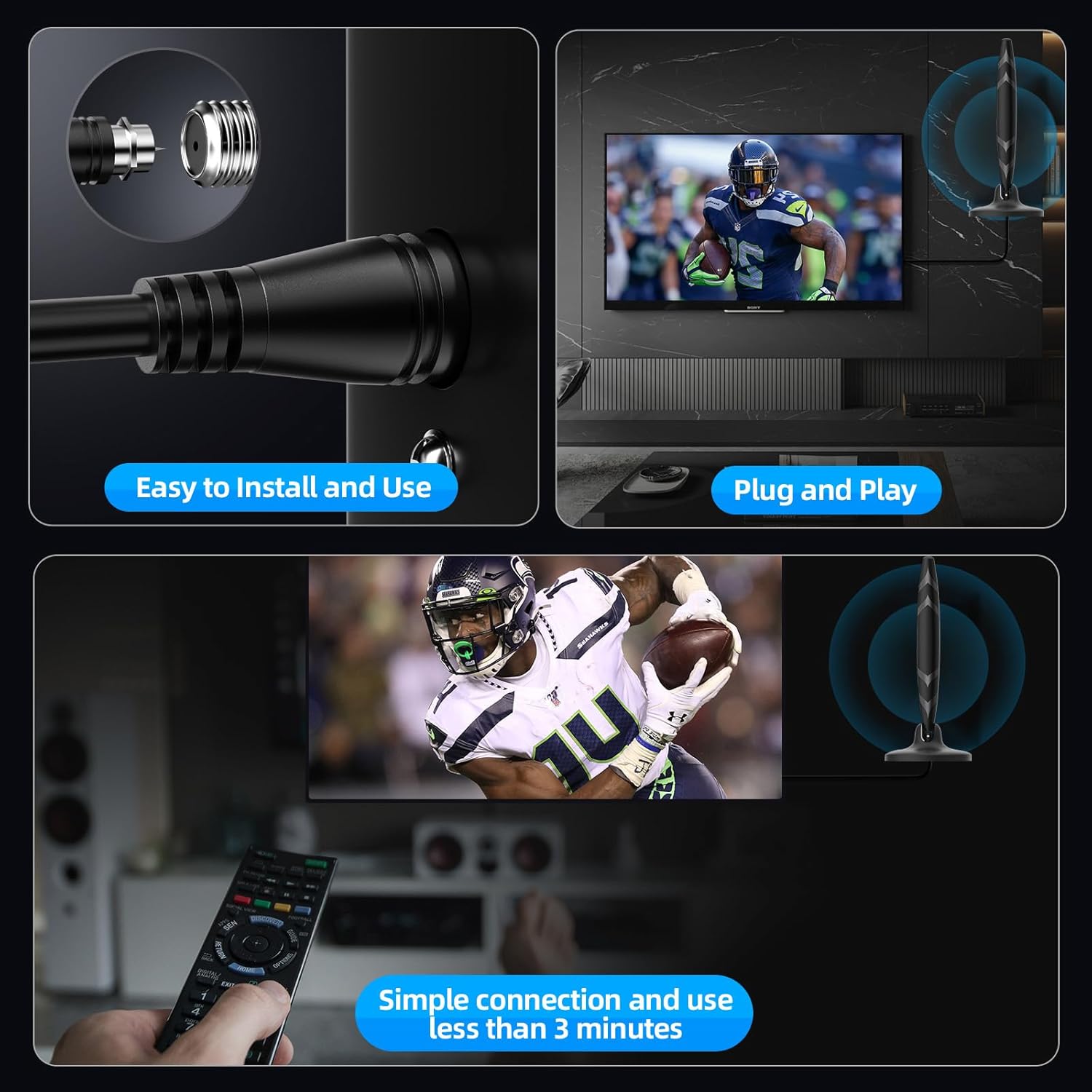 Thumbnail 3 de Indoor TV Aerial with Signal Booster (650+ Miles Range) for Smart TV & Older TVs, 180° Rotation, 16.4ft Coax Cable