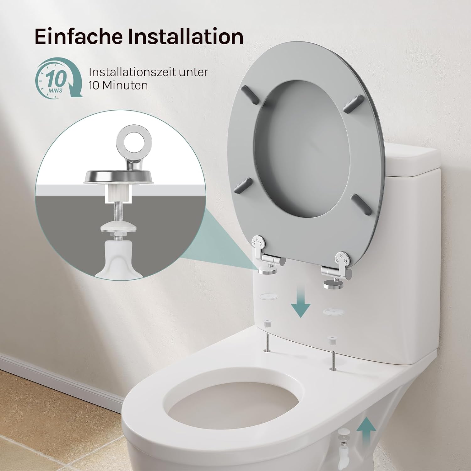 Detalle de WOLTU Toilettendeckel mit Absenkautomatik – O-Form aus MDF, 175 kg belastbar, Grau