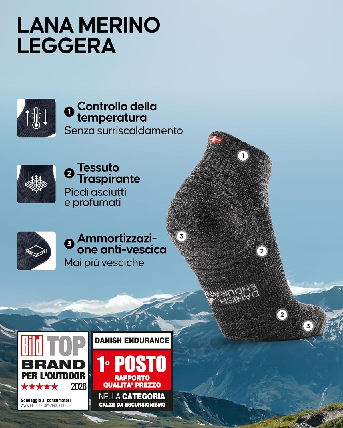 Thumbnail 1 de DANISH ENDURANCE Calze trekking in lana merino termoregolatrice (3 paia) – antivesciche e traspiranti, unisex