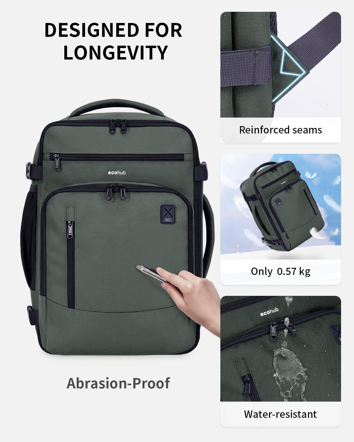 Detalle de ECOHUB for Ryanair Cabin Bags 40x20x25L underseat backpack with laptop compartment (20L, recycled fabric)
