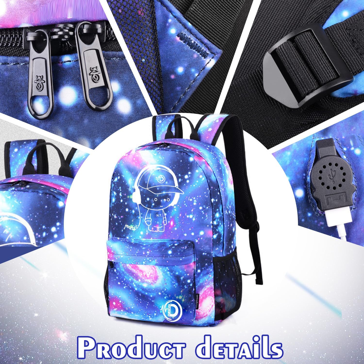 Thumbnail 5 de Dracarys Galaxy Luminous Backpack: Unisex School Bag with USB Charging, 15.6" Laptop Space and Included Stationery Bag