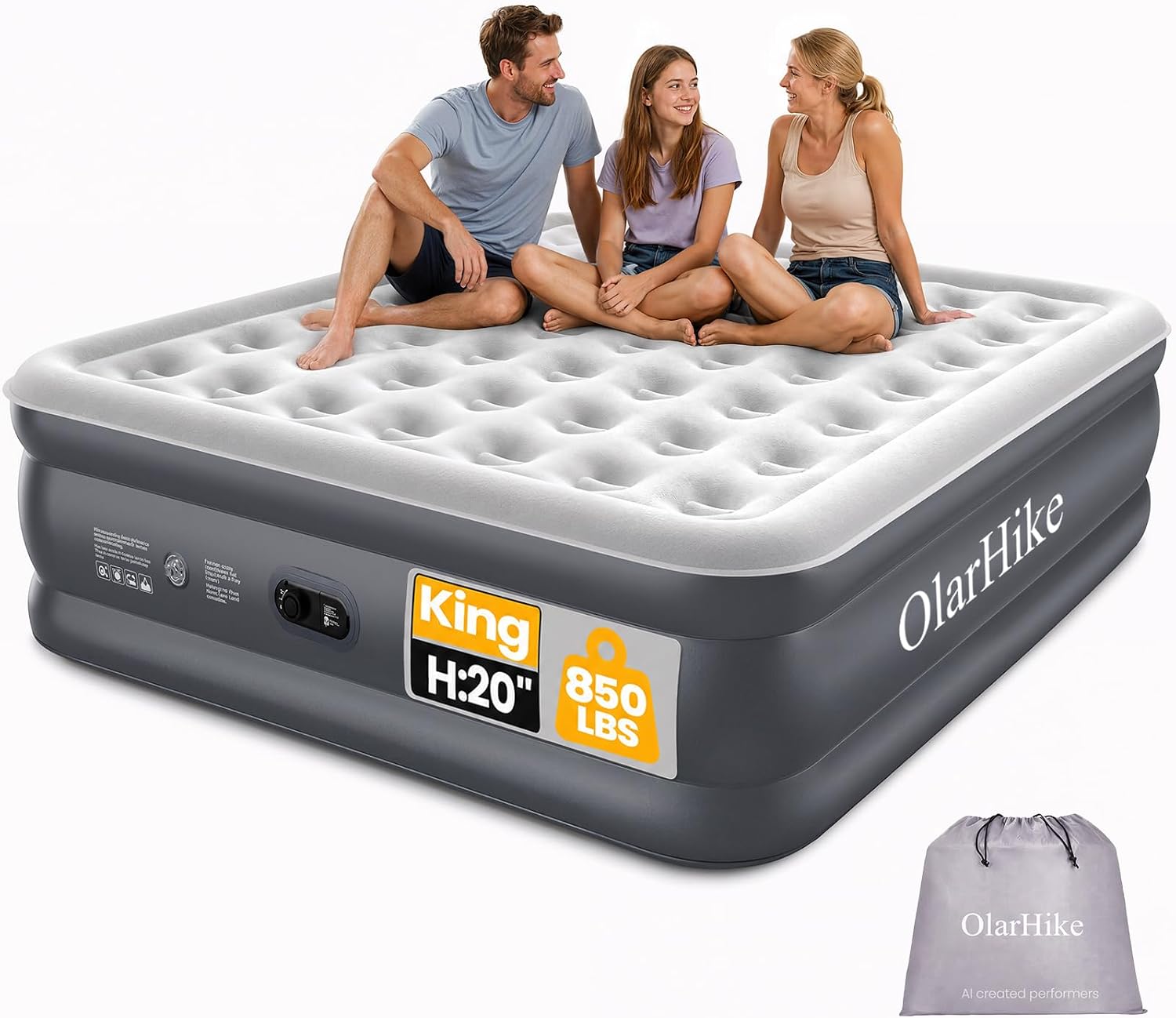 Detalle de OlarHike AMH3 King Air Mattress, 20-Inch with Built-In Pump, 850-lb Capacity