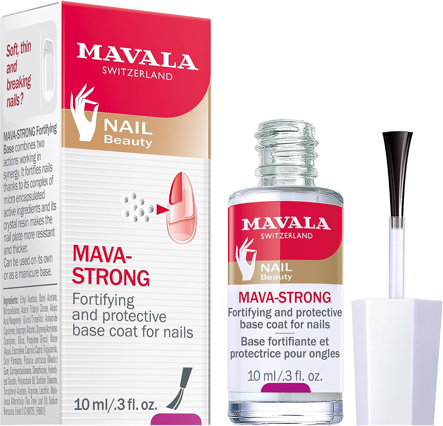 Detalle de Mavala Base Fortifiante et Protectrice Mava-Strong pour Ongles Fins, Mous, Cassants – Vernis Fortifiant Incolore 10 ml