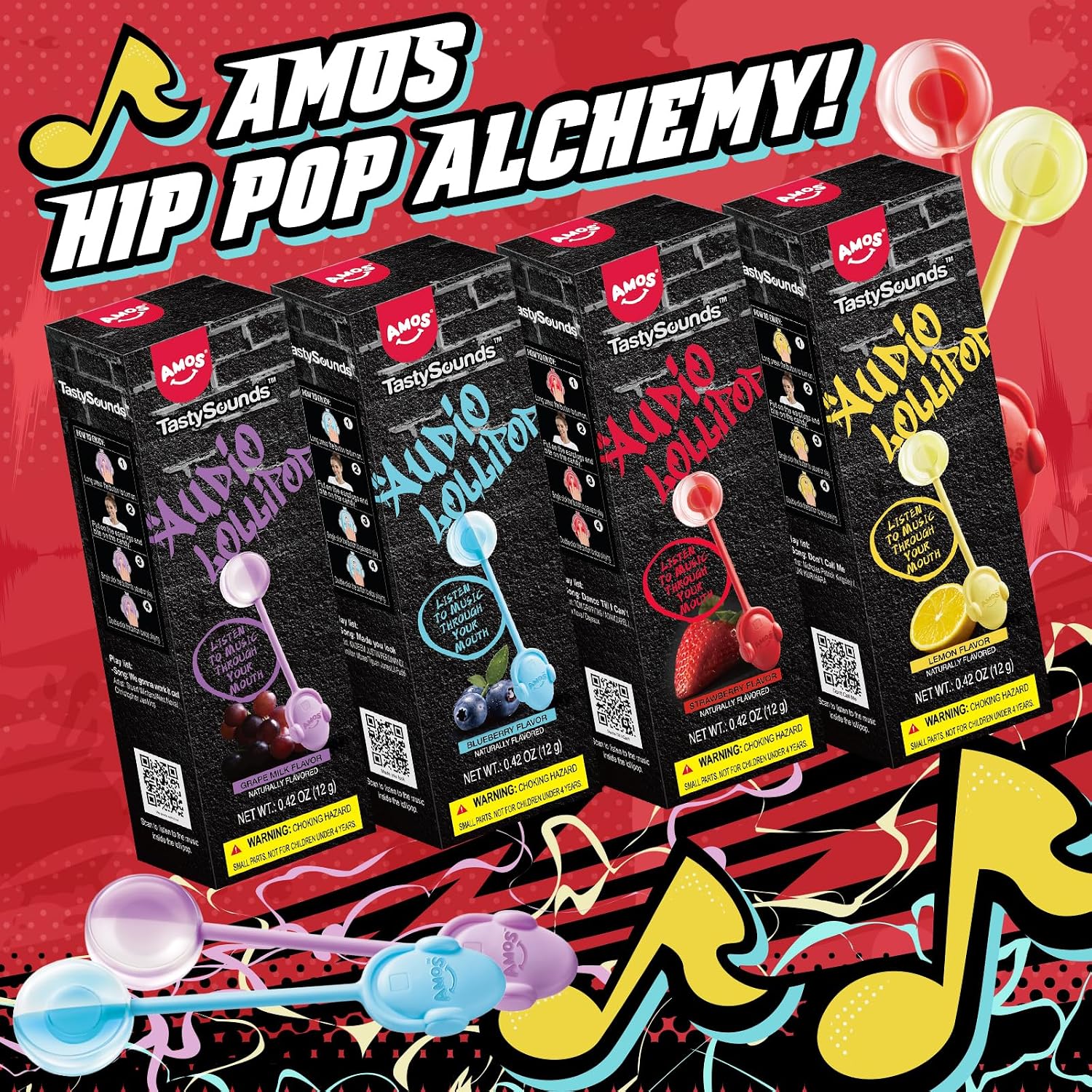 Detalle 2 de AMOS Musik-Lutscher Audio Lollipop 4er-Set (Erdbeere, Traube, Blaubeere, Zitrone) – zuckerfrei, glutenfrei, einzeln verpackt