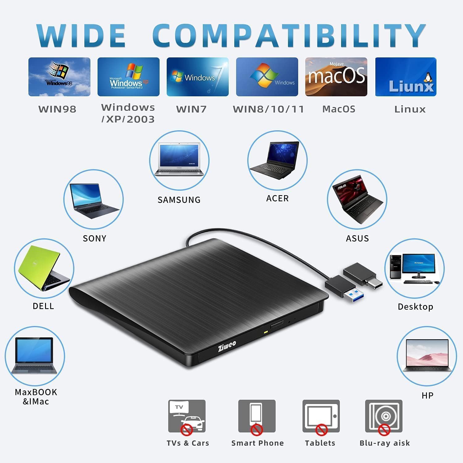 Thumbnail 6 de Ziweo External CD/DVD Drive — Portable USB 3.0 Type-C Burner and Reader